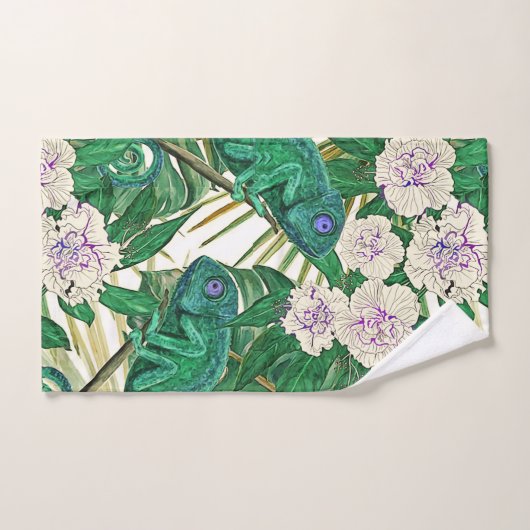 Tropische Kamelien u. Chamäleone Badhandtuch Set (Handtuch)