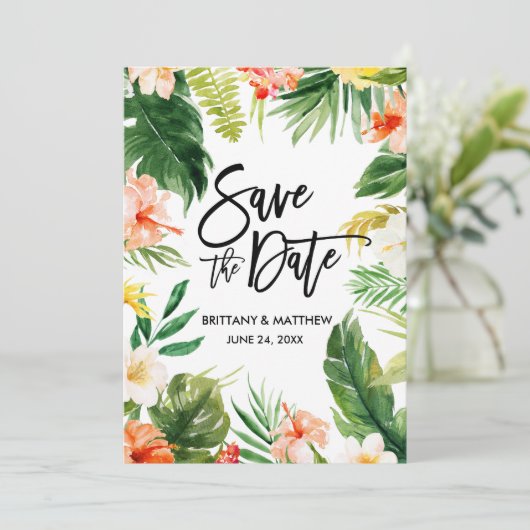 Tropische Korallenflorenskripte für Wasserfarben Save The Date (Stehend Vorderseite)