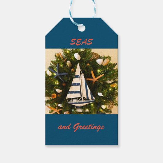 Tropische Küste "SEAS and Greetings" Weihnachten Geschenkanhänger (Vorderseite)