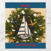 Tropische Küste "SEAS and Greetings" Weihnachten Weinetikett (Einzelnes Label)