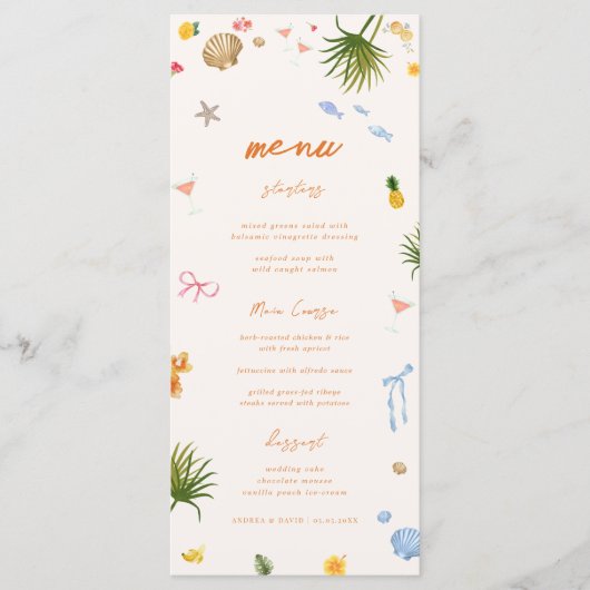 Tropische Küstenhandgezogene Blume Muscheln Hochze Menükarte (Vorderseite)