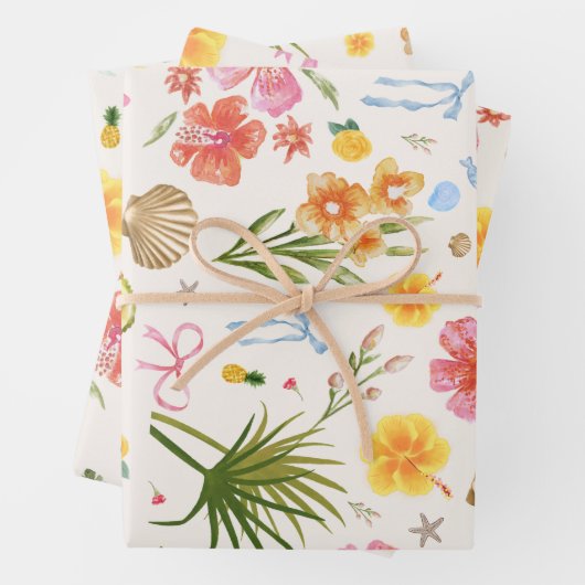 Tropische Küstenhandgezogene Blume und Muscheln Geschenkpapier Set (Beispiel)