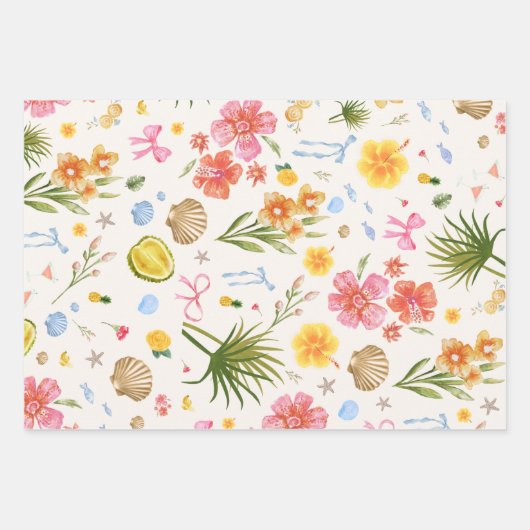 Tropische Küstenhandgezogene Blume und Muscheln Geschenkpapier Set (Vorderseite)