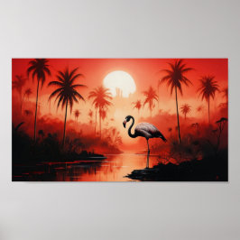 Tropische Landschaft mit einem einsamen Flamingo Poster