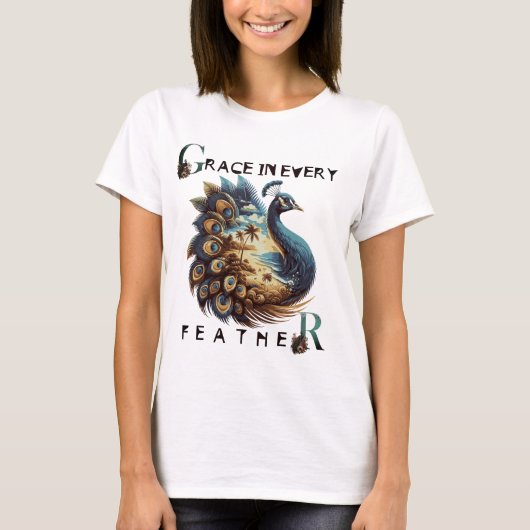 Tropische Landschaft Pfaue Kunst drucken T-Shirt (Vorderseite)