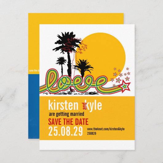 Tropische Liebe Sommerpalmen Save the Date Ankündigungspostkarte (Vorne/Hinten)