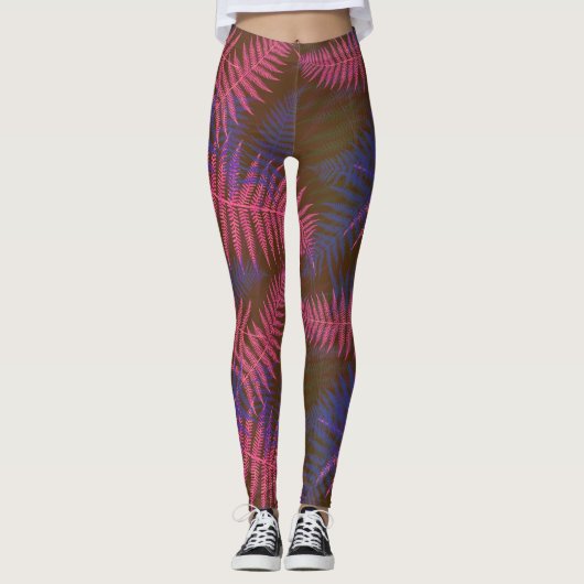 Tropische Lila und blaue Blätter Leggings (Vorderseite)