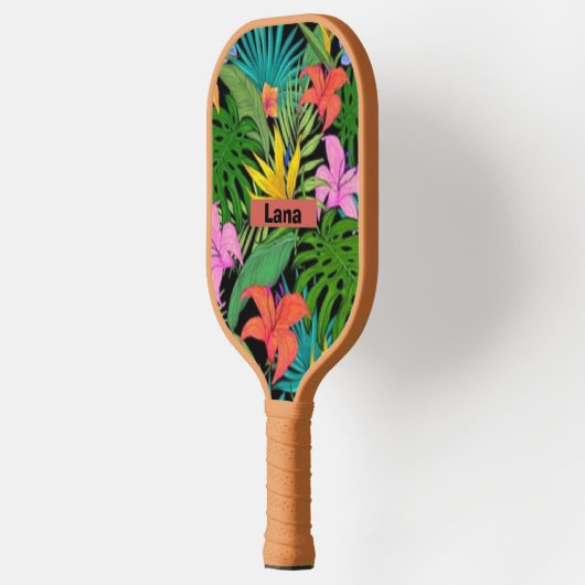 Tropische Lila und grüne botanische Blume Pickleball Schläger (Links)