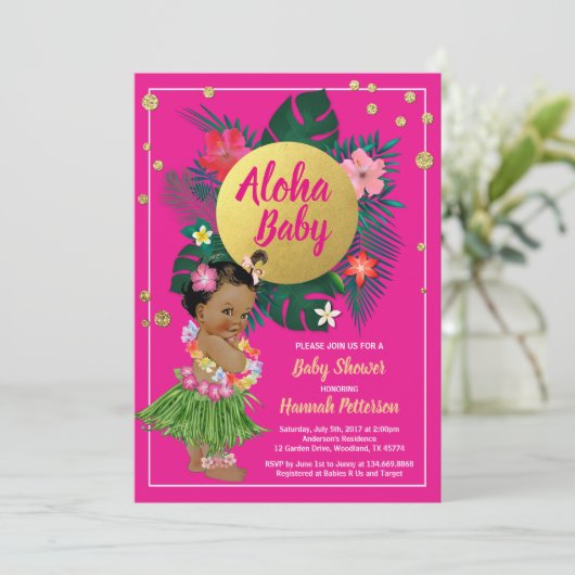 Tropische Luau Mädchen Dusche Einladung heiß rosa (Stehend Vorderseite)