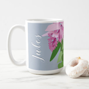 Tropische Medinilla Pink-Blume auf blauem Namen Kaffeetasse