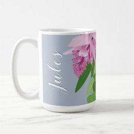 Tropische Medinilla Pink-Blume auf blauem Namen Kaffeetasse
