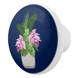 Tropische Medinilla Pink Blume Vase auf Dunkelblau Keramikknauf
