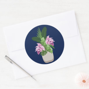 Tropische Medinilla Pink Blume Vase auf Dunkelblau Runder Aufkleber