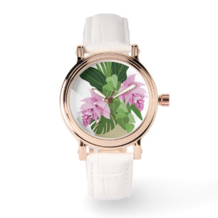 Tropische Medinilla Rosa Blume auf Weiß Armbanduhr