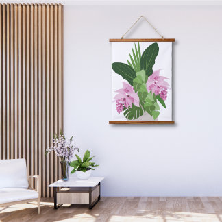 Tropische Medinilla Rosa Blume auf Weiß Wandteppich Mit Holzrahmen