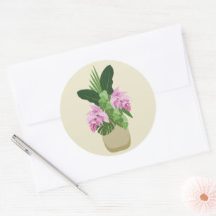Tropische Medinilla Rosa Blume Gelbe Vase Runder Aufkleber