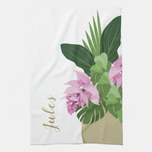 Tropische Medinilla Rosa Blume Gelbe Vase Weiß Geschirrtuch