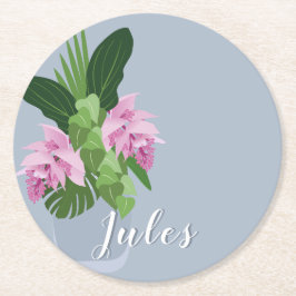 Tropische Medinilla Rosa Blume in Blue Vase Name Runder Pappuntersetzer