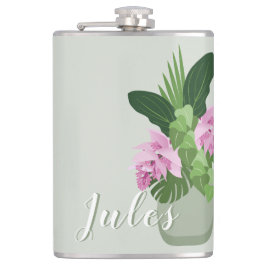 Tropische Medinilla Rosa Blume in grüner Vase Flachmann