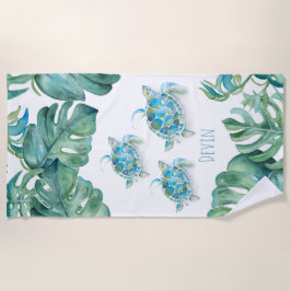 Tropische Meeresschildkröten und Palmen-Blätter Strandtuch