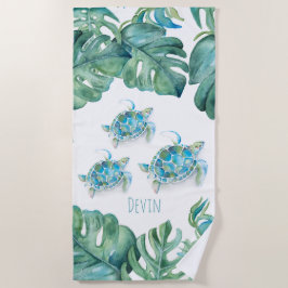 Tropische Meeresschildkröten und Palmen-Blätter Strandtuch