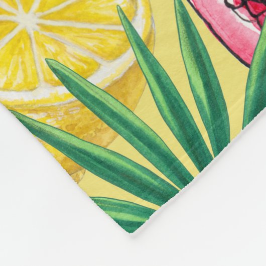 Tropische Michfrüchte, Blume und Blätter auf Gelb Fleecedecke (Ecke)