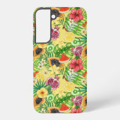Tropische Michfrüchte, Blume und Blätter auf Gelb Samsung Galaxy Hülle (Rückseite)