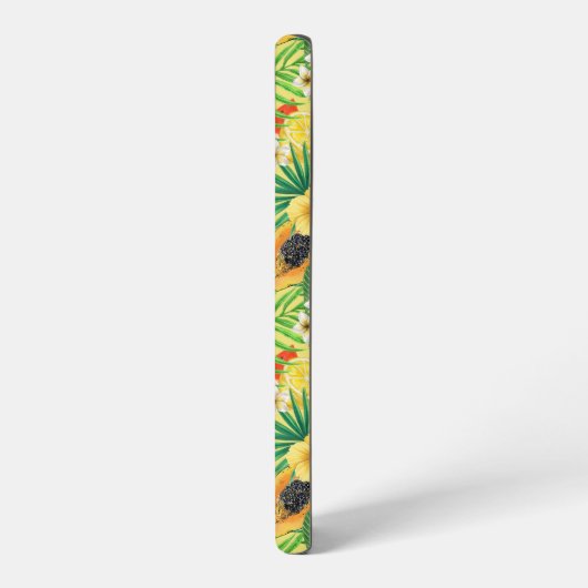 Tropische Michfrüchte, Blume und Blätter auf Gelb Samsung Galaxy Hülle (Linke Seite)