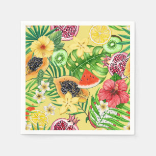 Tropische Michfrüchte, Blume und Blätter auf Gelb Serviette