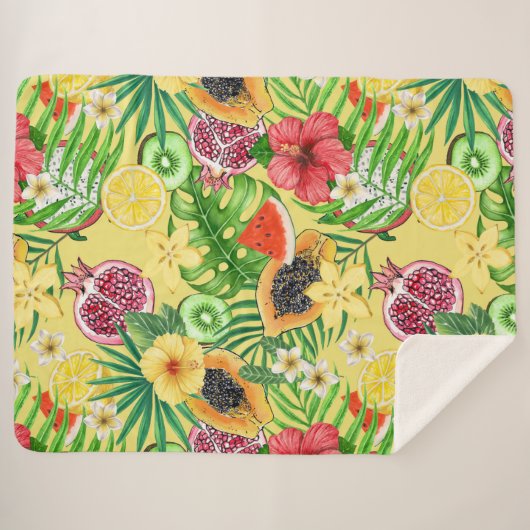 Tropische Michfrüchte, Blume und Blätter auf Gelb Sherpadecke (Vorderseite (Horizontal))
