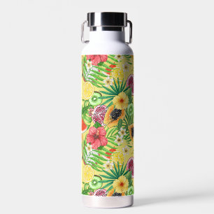 Tropische Michfrüchte, Blume und Blätter auf Gelb Trinkflasche