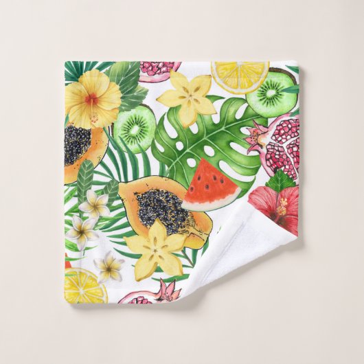 Tropische Michfrüchte, Blume und Blätter in Weiß Badhandtuch Set (Waschlappen)