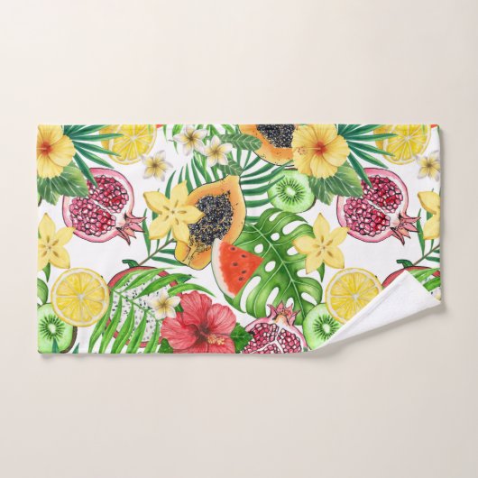 Tropische Michfrüchte, Blume und Blätter in Weiß Badhandtuch Set (Handtuch)