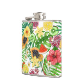 Tropische Michfrüchte, Blume und Blätter in Weiß Flachmann (Links)