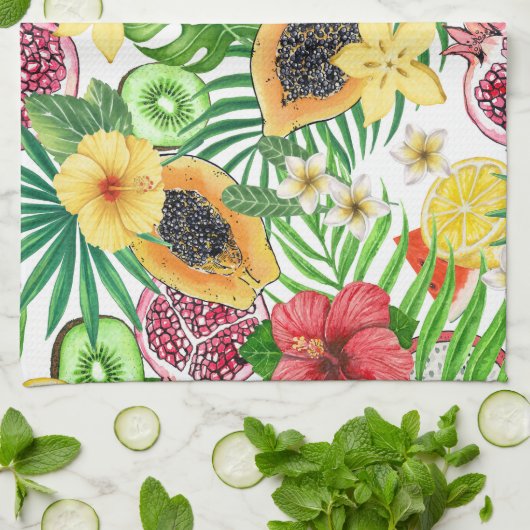 Tropische Michfrüchte, Blume und Blätter in Weiß Geschirrtuch (Gefaltet)