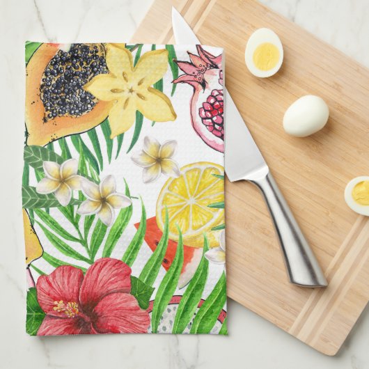 Tropische Michfrüchte, Blume und Blätter in Weiß Geschirrtuch (Viertel Falte)