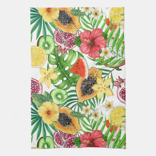 Tropische Michfrüchte, Blume und Blätter in Weiß Geschirrtuch (Vertikal)