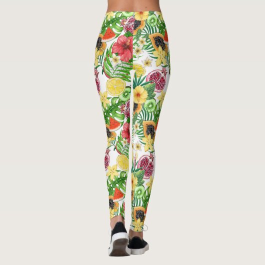 Tropische Michfrüchte, Blume und Blätter in Weiß Leggings (Rückseite)