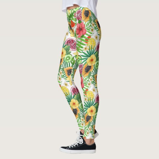 Tropische Michfrüchte, Blume und Blätter in Weiß Leggings (Links)