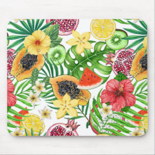 Tropische Michfrüchte, Blume und Blätter in Weiß Mousepad