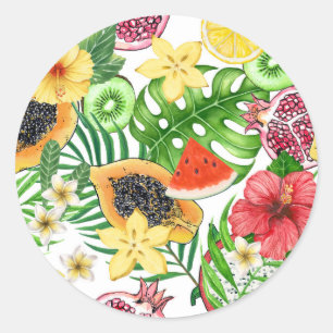 Tropische Michfrüchte, Blume und Blätter in Weiß Runder Aufkleber