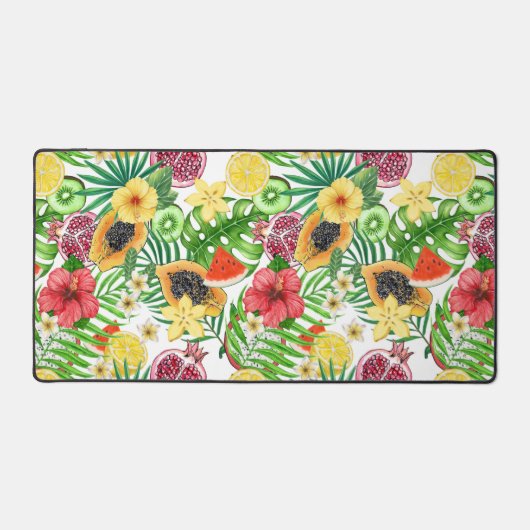 Tropische Michfrüchte, Blume und Blätter in Weiß Schreibtischunterlage (Vorderseite)