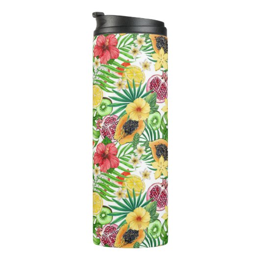 Tropische Michfrüchte, Blume und Blätter in Weiß Thermosbecher (Nach rechts gedreht)