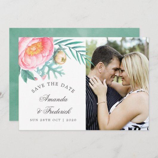 Tropische Minzflorensommerhochzeit rettet das Datu Save The Date (Vorne/Hinten)