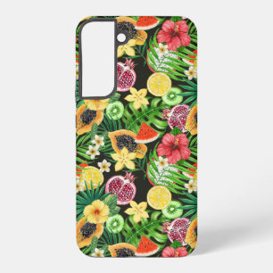 Tropische Mischfrucht, Blumen und Blätter auf Schw Samsung Galaxy Hülle