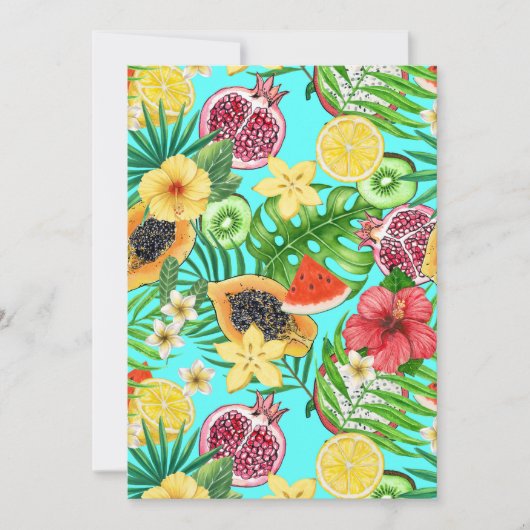 Tropische Mischfrüchte, Blume und Blätter auf blau (Vorderseite)