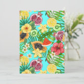 Tropische Mischfrüchte, Blume und Blätter auf blau (Stehend Vorderseite)