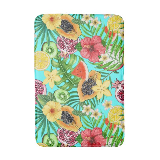 Tropische Mischfrüchte, Blume und Blätter auf blau Badematte (Vorderseite Vertikal)