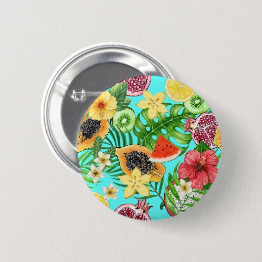 Tropische Mischfrüchte, Blume und Blätter auf blau Button (Vorne & Hinten)