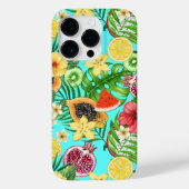 Tropische Mischfrüchte, Blume und Blätter auf blau Case-Mate iPhone Hülle (Rückseite)
